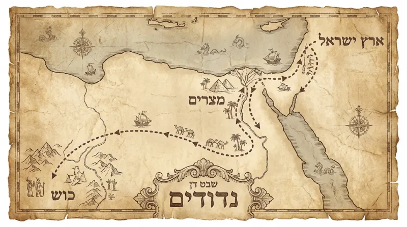 מפת וינטג' המאיירת את נדודי שבט דן מממלכת כוש, דרך מצרים העתיקה, ועד ההגעה לארץ ישראל.