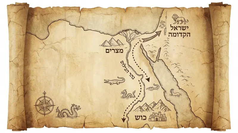 מפת יציאת מצרים על מגילת קלף עתיקה, כולל מסלול בני ישראל, הפירמידות במצרים, נהר הנילוס, כוש וישראל הקדומה עם איורים של חיות ומצפן.