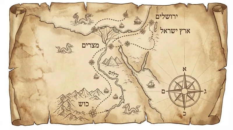 מפת אוצר עתיקה על מגילה, המאיירת מסלול היסטורי ממצרים וכוש דרך הנילוס אל ארץ ישראל וירושלים.