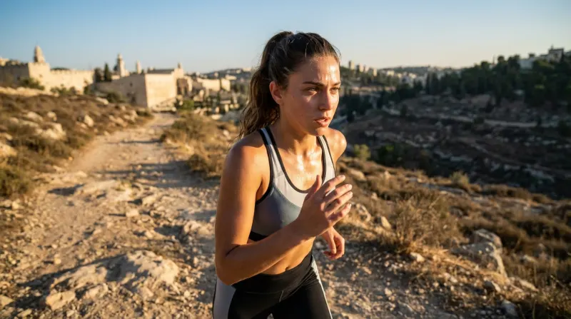 אישה רצה על שביל עפר המשקיף על העיר העתיקה של ירושלים בשעת בוקר מוקדמת