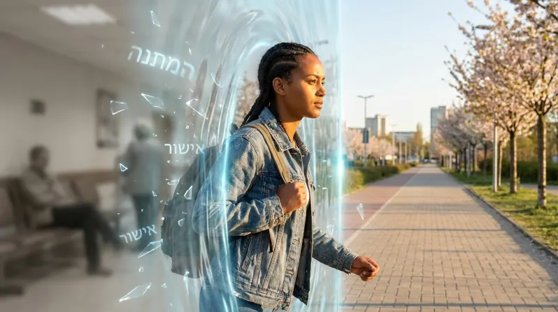 אישה צעירה עם תיק גב הולכת דרך שער זכוכית מתנפץ עם המילים 'המתנה' ו-'אישור' בעברית, עוברת מאזור המתנה חשוך לשביל חיצוני שטוף שמש ופורח.