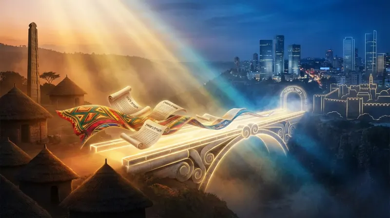 אילוסטרציה של גשר אור המחבר בין כפר באתיופיה לישראל, ועליו מגילות של תעודות עלייה, נישואין ולידה של יהודי אתיופיה.