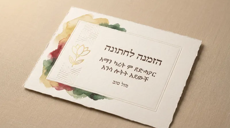 הזמנה לחתונה מעוצבת בעבודת יד, עם כיתוב דו-לשוני בעברית ובאמהרית, איורי צבעי מים בצד והטבעות זהב עדינות.