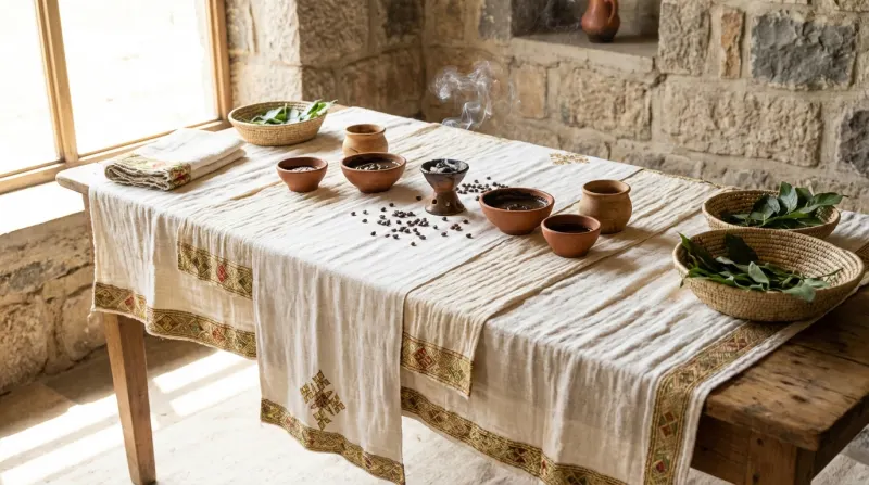 שולחן ערוך לטקס קפה אתיופי מסורתי (בונה), כולל כלי חימר, קטורת מעשנת, פולי קפה מפוזרים ומפת פשתן רקומה בחדר אבן עתיק.