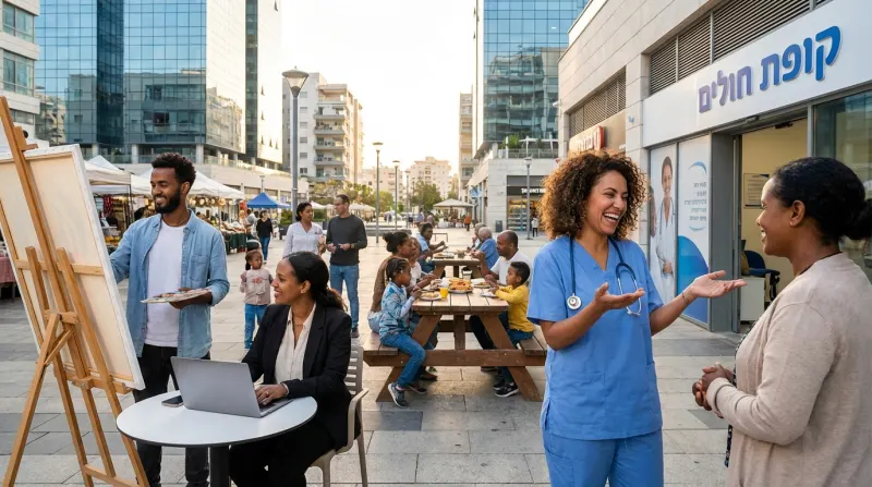 רופאה משוחחת עם אישה מחוץ למרפאת קופת חולים, בכיכר עירונית שוקקת חיים עם מגוון אנשים ופעילויות בישראל.