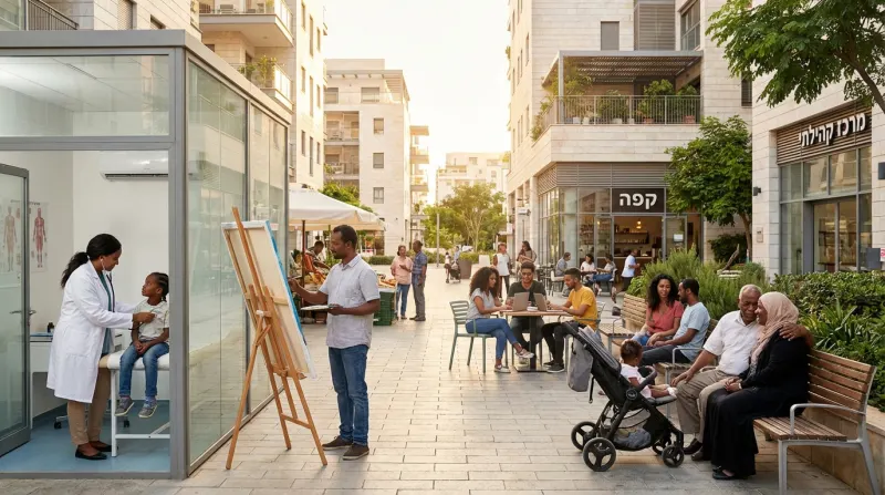 סצנה עירונית של קהילה תוססת הכוללת מרפאה קהילתית, פעילויות פנאי, ואנשים מכל הגילאים מבלים יחד במרחב ציבורי