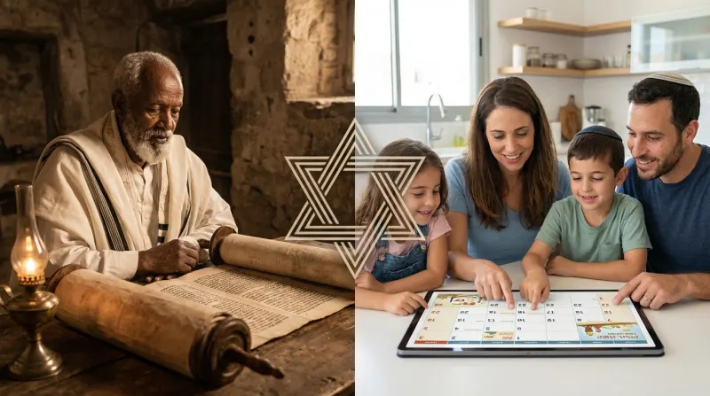 תמונה מפוצלת המציגה את רצף המסורת היהודית. משמאל, אדם מבוגר קורא בספר תורה עתיק לאור עששית. מימין, משפחה מודרנית לומדת על חגים יהודיים בטאבלט. במרכז מגן דוד.