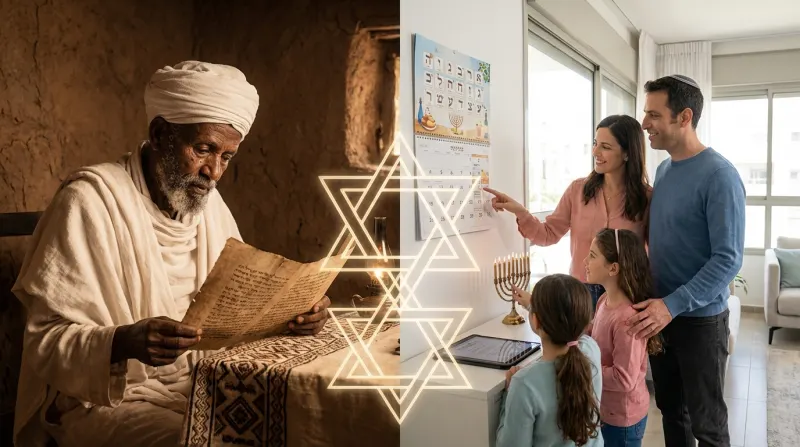 תמונה מפוצלת המציגה יהודי מבוגר מאתיופיה קורא במגילה עתיקה לצד משפחה יהודית מודרנית המביטה בלוח שנה עברי, עם סמלי מגן דוד זוהרים במרכז.