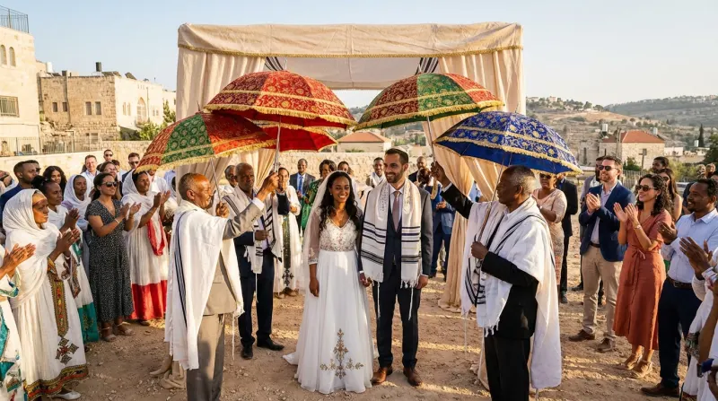 חתן וכלה בטקס חתונה מסורתי המשלב מנהגים אתיופיים ויהודיים, עומדים מתחת לחופה בירושלים מלווים במחזיקי מטריות צבעוניות ומקושטות.