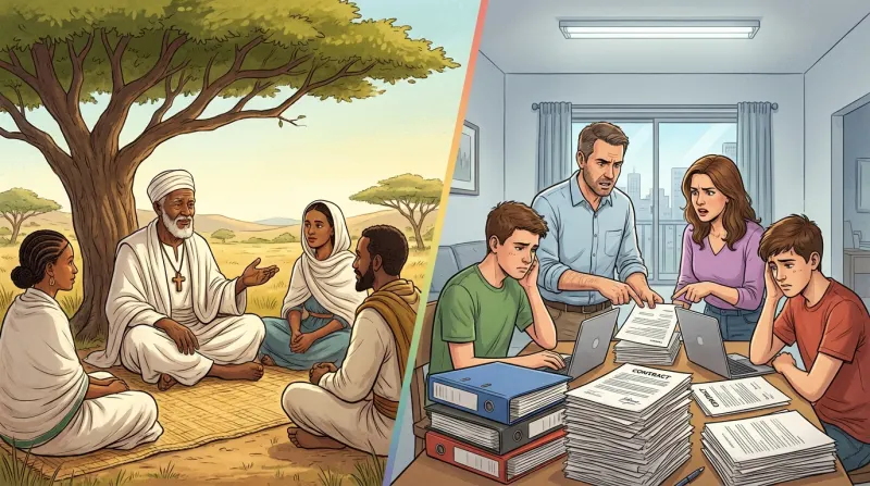 איור מפוצל הממחיש את פערי התרבות בעליית יהודי אתיופיה: משמאל, דמות מבוגרת מלמדת קבוצה ברוגע תחת עץ באתיופיה; מימין, משפחה בלחץ מול ערימות מסמכים ומחשבים בדירה מודרנית בישראל.
