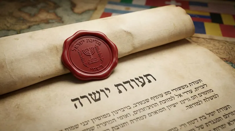 מגילת נייר ישנה עם חותם שעווה אדום של מדינת ישראל והכיתוב 'תעודת יושרה' בעברית, על רקע מפה עתיקה ודגלים בינלאומיים.