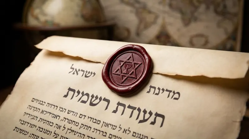 תעודת רשמית של מדינת ישראל על מגילת קלף עתיקה עם חותם שעווה אדום של מגן דוד ומנורה.