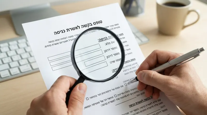 אדם ממלא טופס בקשה לאשרת כניסה (ויזה) בעברית בעזרת זכוכית מגדלת ועט