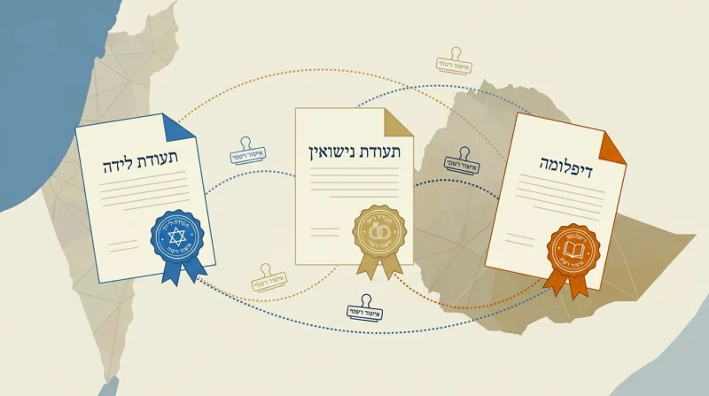 איור של תעודת לידה, תעודת נישואין ודיפלומה עם חותמות אישור רשמי, על רקע מפת אתיופיה.