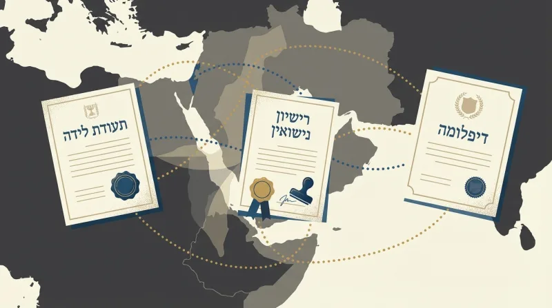 איור של תעודת לידה, רישיון נישואין ודיפלומה על רקע מפה, הממחיש תהליך של תרגום או אימות מסמכים בינלאומי