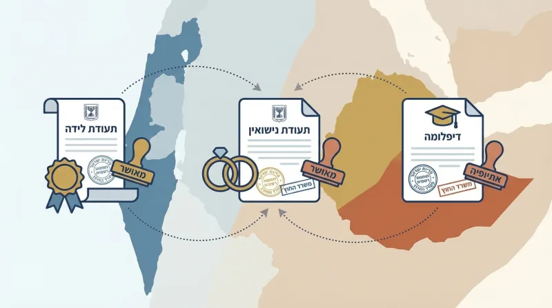 איור הממחיש את תהליך קבלת חותמת אפוסטיל על תעודת לידה, תעודת נישואין ודיפלומה ישראליות לצורך שימוש בחו"ל.
