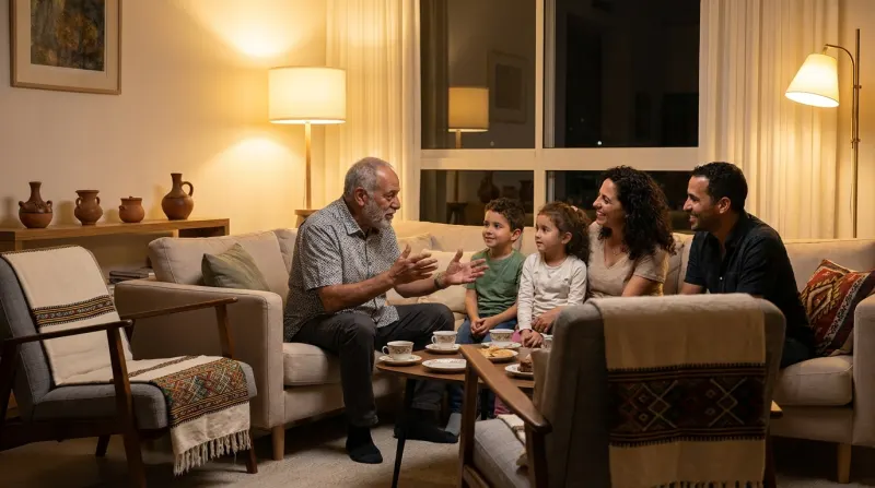 משפחה רב-דורית יושבת יחד בסלון מואר בלילה, סבא מספר סיפורים לנכדים ולהורים.