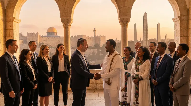 לחיצת יד בין נציג רשמי מישראל לנציג רשמי מאתיופיה על רקע העיר העתיקה בירושלים וכיפת הסלע.