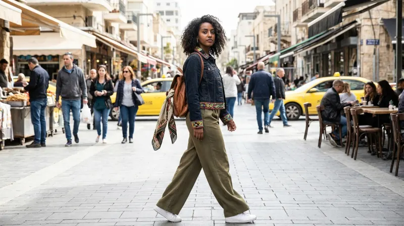 אישה צעירה עם שיער מתולתל הולכת ברחוב שוק הומה, לובשת מעיל ג'ינס, מכנסיים ירוקים ותיק גב, מוקפת באנשים ודוכנים.