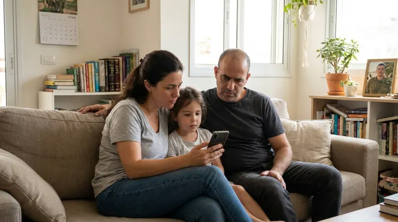 זוג הורים וילדה קטנה יושבים צמודים על ספה בסלון הבית ומביטים בריכוז ובדאגה במסך של טלפון חכם.