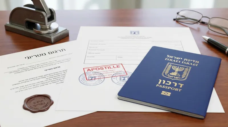 דרכון ישראלי, מסמך תרגום נוטריוני עם חותמת שעווה, ואישור אפוסטיל על שולחן עבודה