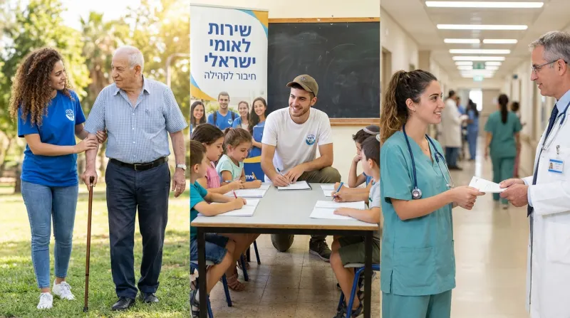 קולאז' תמונות של מתנדבי שירות לאומי ישראלי בתחומים שונים: סיוע לקשיש בפארק, פעילות חינוכית עם ילדים בכיתה, ועזרה לצוות רפואי בבית חולים.