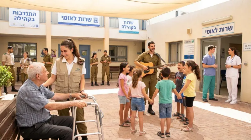 חיילים ומתנדבי שירות לאומי משחקים עם ילדים ומדברים עם קשיש בחצר מרכז קהילתי