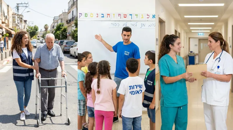 קולאז' תמונות המציג מתנדבי שירות לאומי בפעולה: סיוע לקשיש, הוראה בבית ספר ועבודה בבית חולים.