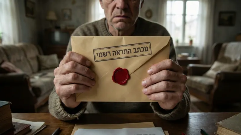 אדם מבוגר ומודאג אוחז במעטפה חומה גדולה עם חותמת אדומה וכתובת "מכתב התראה רשמי".