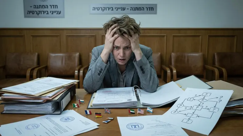 אישה נראית מתוסכלת ומיואשת, יושבת מול שולחן עמוס במסמכים, קלסרים ודגלים קטנים, מתחת לשלט "חדר המתנה - ענייני בירוקרטיה".