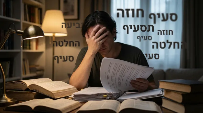 גבר נראה לחוץ כשהוא קורא מסמך משפטי ליד שולחן עמוס בספרים, כשמילים כמו "סעיף חוזה" ו"החלטה" מופיעות סביבו