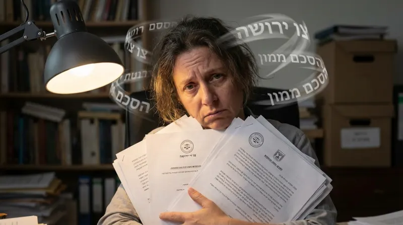 אישה מוטרדת מחזיקה בערימת מסמכים משפטיים, ביניהם צו ירושה, כאשר מילים כמו הסכם ממון וצוואה מסתחררות סביב ראשה.
