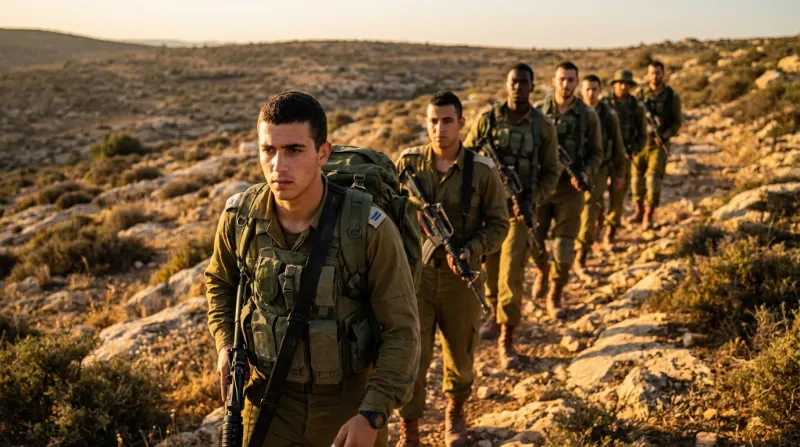 חיילי צה"ל בציוד קרבי מלא צועדים בטור בשטח הררי ומדברי לקראת שקיעה