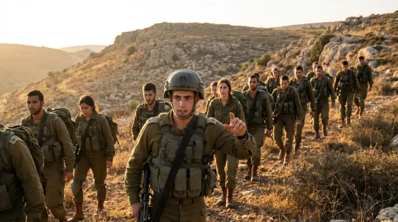חיילי צה"ל, גברים ונשים, בציוד מלא במהלך מסע רגלי בנוף מדברי והררי בשעת שקיעה.
