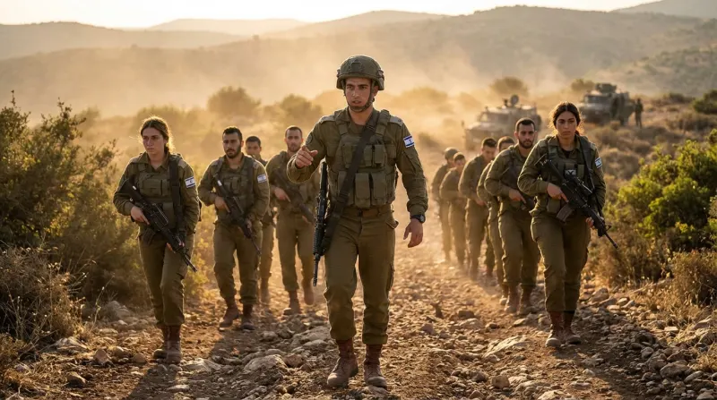 חיילי צה"ל, גברים ונשים, צועדים בשטח מדברי עם ציוד מלא ונשק בשעת דמדומים