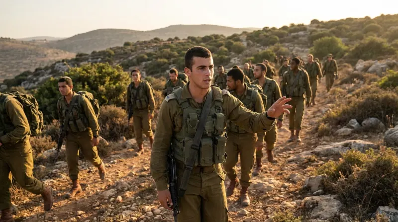 קבוצת חיילי צה"ל במדים וציוד מלא צועדים בשביל עפר באזור הררי בשעת שקיעה.