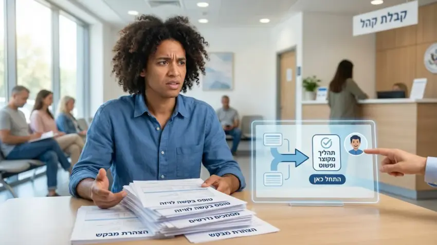 אדם המום מעומס בירוקרטיה וטפסי ויזה מול פתרון דיגיטלי לתהליך מקוצר ופשוט בקבלת קהל